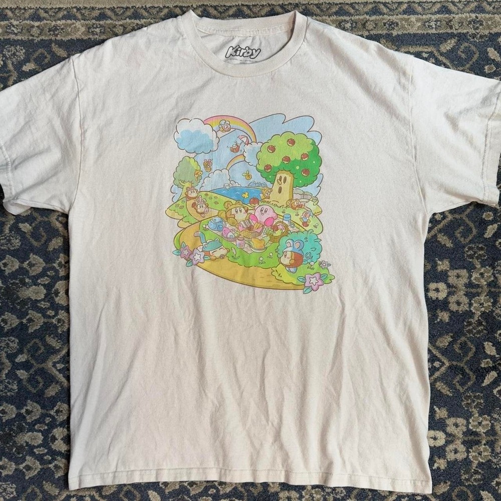 Nintendo Kirby Dream Land Pastel Picnic Graphic Tee Mens L Cream Cotton Kawaii
